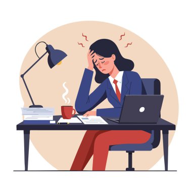Ofisteki işkadını, stresli bir iş ortamında başını laptopla, belgelerle ve kahve bardağıyla ağrıtıyor. Sakin ol..