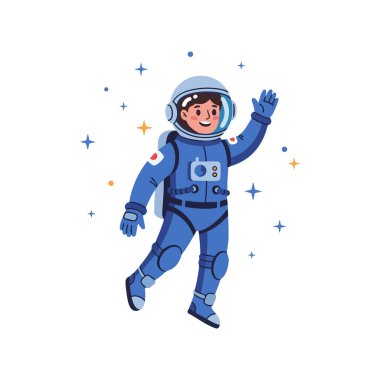 Resimlerde mavi takım elbiseli gülümseyen bir astronot arka planda yıldızlar sallayarak neşeli bir uzay keşfi ortamı yaratıyor..