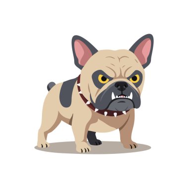 Resimde sarı gözlü ve çivili tasmalı kızgın bir bulldog düz bir şekilde yerde duruyor. Vahşi bir ruh hali..