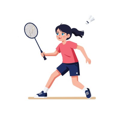 Genç bir kız açık hava spor sahnesinde raket ve mekikle badminton oynuyor. Enerjisini ve dikkatini gösteriyor. Neşeli ruh hali.