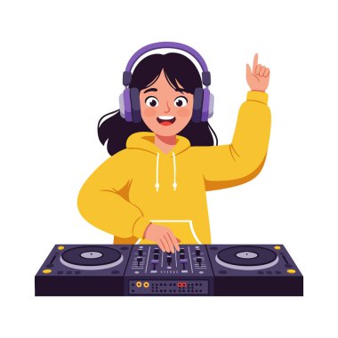 Mor kulaklık takan genç bir DJ ve sarı kapüşonlu bir kapüşonlu profesyonel bir DJ kontrolöründe müziği karıştırarak enerjik ve canlı bir atmosfer yaratıyor..