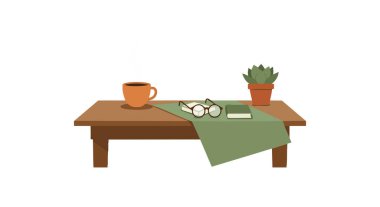 Resimde, içinde turuncu bardak, gözlük, kitap ve yeşil bitki bulunan ahşap bir masa, sakin ve rahat bir atmosfer yaratıyor..
