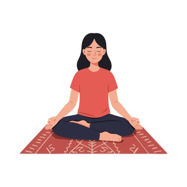Vektör illüstrasyonuna göre kırmızı desenli bir hasırın üzerinde oturan kadın gözleri kapalı, meditasyona ve iç huzura odaklanmış, sakin bir ruh hali içinde..