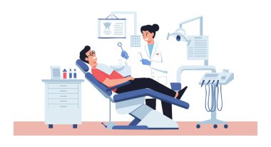 Beyaz önlüklü diş hekimi, klinikte dişçi koltuğuna yaslanmış hastayı aletlerle muayene ediyor, oral sağlık ve profesyonel atmosferi destekliyor..