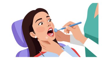 Ağzı açık bir kadın hasta bir klinik ortamında diş aletleri kullanılarak diş muayenesinden geçiriliyor. Profesyonel ve sakin ruh hali..