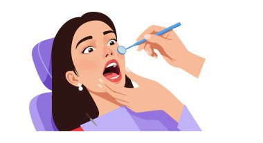Diş hekimi muayene için dişçi aynası kullanırken dişçi de dişçi koltuğunda oturup tıbbi bakım sahnesini gösteriyor. Sakin ol..