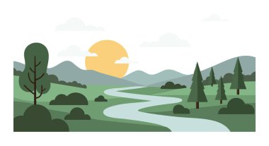 Bu vektör yeşil bir ormanı saran bir nehri gösteriyor. Dağlar ve arka planda sarı bir güneş var. Huzurlu bir doğa sahnesi yaratıyor..
