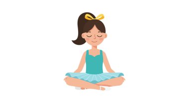 Genç kız bacak bacak üstüne atmış, gözleri kapalı meditasyon yapıyor, mavi elbiseler ve saç fiyonkları giyiyor, sakin ve huzurlu bir ruh hali içinde..