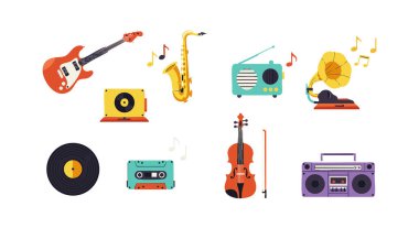 Vektör illüstrasyonunda çeşitli müzik aletleri ve renkli notaları olan klasik müzik aletleri canlı ve nostaljik bir hava yaratıyor..