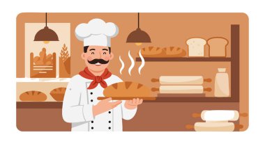 Sıcak bir fırında sıcak ekmek sunan bir fırıncının tasviri sıcak ışıklandırma ve ahşap raflar ile karşılayıcı bir atmosfer yaratıyor..