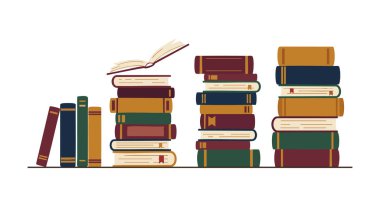 İllülasyon, farklı renklerde birden fazla kitap yığınını tek bir açık uçma sayfası, bilgi aktarımı ve öğrenme ruh haliyle gösteriyor..