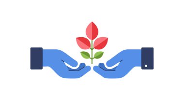 Resim, iki mavi elin kırmızı yapraklı küçük bir bitkiyi nazikçe tuttuğunu gösteriyor. Bakım ve çevre korumasını düz bir şekilde temsil ediyor..
