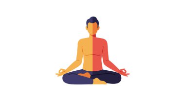 Çizimlere göre Lotus pozisyonunda turuncu ve kırmızı renkli yarı vücudu olan bir adam sakince meditasyon yapıyor. Huzurlu ve odaklanmış ruh hali.