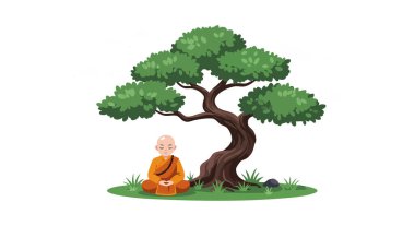 Resimlerde bir keşiş, otlar ve kayalarla çevrili büyük bir ağacın altında huzur içinde meditasyon yapıyor..