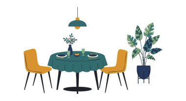 Hardal sandalyeli bir yemek masasının vektör çizimi, yeşil masa örtüsü, kolye ışığı, ve minimalist tarzda saksı bitkisi, sakin bir ruh hali..