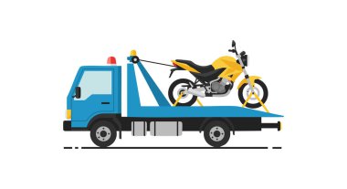 Vektör illüstrasyonunda sarı bir motosikleti temiz ışıklandırmayla taşıyarak pratik ve dinamik bir ruh hali taşıyan bir çekici görülüyor..