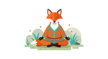 Tilki, nilüfer çiçekleri ve çalılarla çevrili turuncu bir kimono giyerek bağdaş kurup sakin bir meditasyon havası içinde oturur..