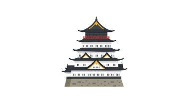 Vektör illüstrasyonu, çok katmanlı çatısı ve taş tabanı temiz, geleneksel Japon kalesini gösteriyor. Sakin ve tarihi bir ruh hali.