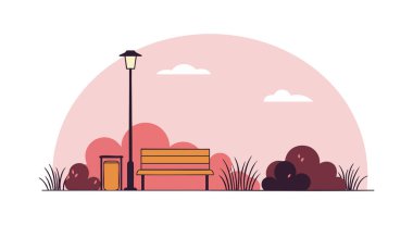 Vektör illüstrasyonu, açık hava ortamında, yumuşak pembe bir günbatımı gökyüzünün altında çalıları olan bir park bankı ve sokak lambası gösteriyor. Sakin sahne.