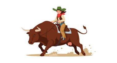 Bu vektör, yeşil şapkalı bir kovboyu kahverengi boğaya binerken, bir rodeo etkinliğinde toz toplarken, aksiyon ve heyecan taşırken gösteriyor..