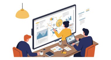 Üç profesyonel bir masada dizüstü bilgisayarlar ve çizelgelerle birlikte çalışarak, iş verilerini ve stratejilerini parlak bir ofis ortamında tartışıyor. Üretken ruh hali.