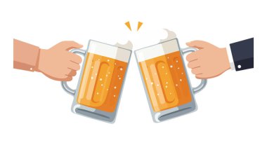 İki el dolu bira bardaklarını altın bira ve köpüklü kutlama kadehleriyle tokuşturarak neşeli bir atmosfer yaratıyor..