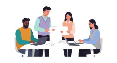 Modern ofis ortamında dizüstü bilgisayarlar ve kağıtlarla bir masanın etrafında çalışan dört farklı profesyonel, üretken bir atmosfer yaratıyor..
