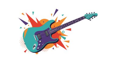 Parlak turuncu ve kırmızı renkte gök mavisi ve mor renkli elektro gitar soyut tarzda, canlı ve enerjik bir havada patlar..