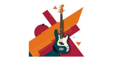 Elektronik bas gitar, modern düz tasarım tarzında turuncu ve kırmızı şekilli geometrik soyut bir arka plana karşıdır. Enerjik ruh hali.