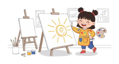 Genç bir kız, resim sehpaları ve sanat malzemeleriyle çevrili, aydınlık bir sanat stüdyosunda parlak bir güneş resmi çiziyor. Neşeli bir ruh hali..