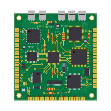Düz bir düzende elektronik bileşenleri ve altın bağlantıları olan yeşil baskılı devre kartının vektör çizimi. Teknik ve hassas ruh hali..