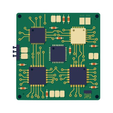 Elektronik devre kartının vektör illüstrasyonunda entegre çipler ve düz çizgiler ve düz renklere sahip dirençler, teknik hassasiyet ve yenilikleri iletir.