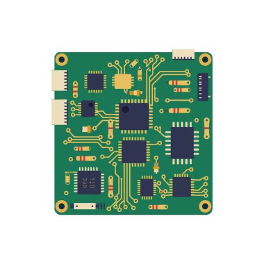 Mikroçipler, rezistanslar ve yeşil ve sarı renkli konnektörlerin yer aldığı bir elektronik devre kartının vektör illüstrasyonu, modern tasarım, teknik durum.