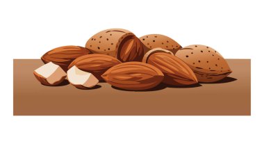 İllüstrasyon düz bir yüzeyde kabuklu badem ve çekirdekli kahverengi renkte doğal ve sağlıklı besin havasını iletiyor..