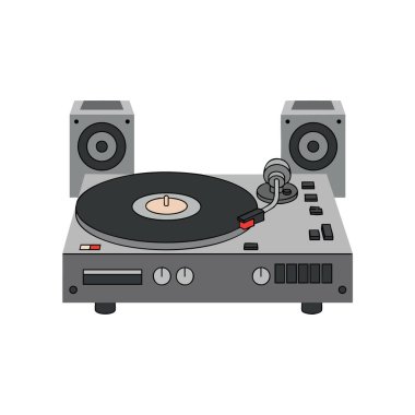 Vektör illüstrasyonu, üzerinde gri ve siyah renkli stereo hoparlörler bulunan klasik ve nostaljik bir atmosfer yaratan vintage bir turntable gösteriyor..