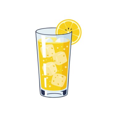 Buz küplü bir bardak soğuk limon suyu ve kenarındaki limon dilimi bu vektör illüstrasyonunda canlandırıcı ve canlı görünüyor. Neşeli bir ruh hali.