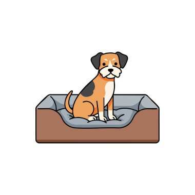 Resim, basit çizgiler ve yumuşak renklerle kahverengi ve gri evcil bir yatakta rahat bir şekilde oturan küçük bir köpeğin sakin bir ruh hali yarattığını gösteriyor..
