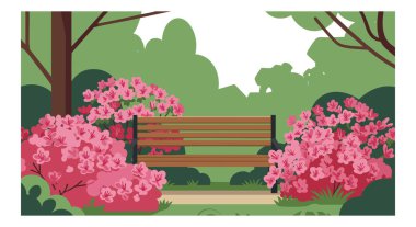 İllüstrasyon, canlı pembe çiçekler ve yemyeşil ağaçların arasında sakin bir park ortamında huzuru çağrıştıran ahşap bir bank gösteriyor..