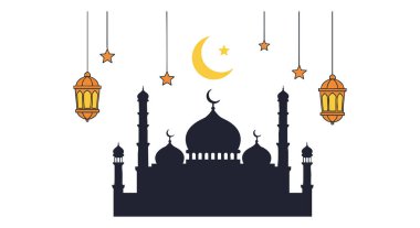 Vektör, basit bir gece sahnesinde hilal ay, yıldızlar ve asılı fenerlerle karanlık bir cami silueti gösteriyor. Sakin ve huzurlu bir ruh hali.