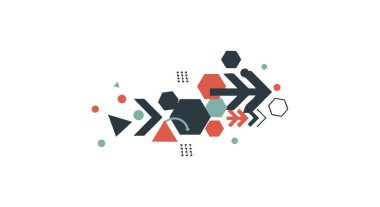 Bu vektör çizimi siyah ve kırmızı renklerde oklar ve altıgenler de dahil olmak üzere soyut geometrik şekilleri gösterir, dinamik bir bileşim yaratır. Modern ve minimal.