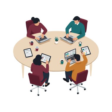 Resimler, ofis ortamında dizüstü bilgisayarlar ve tabletler kullanarak bir yuvarlak masada işbirliği yapan dört kişinin verimli bir atmosfer yarattığını gösteriyor..