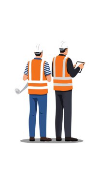 İki inşaat işçisi, araç gereç ve tabletle bir siteyi incelerken turuncu güvenlik yeleği ve kask giyerek güvenle duruyorlar. Profesyonel ruh hali..
