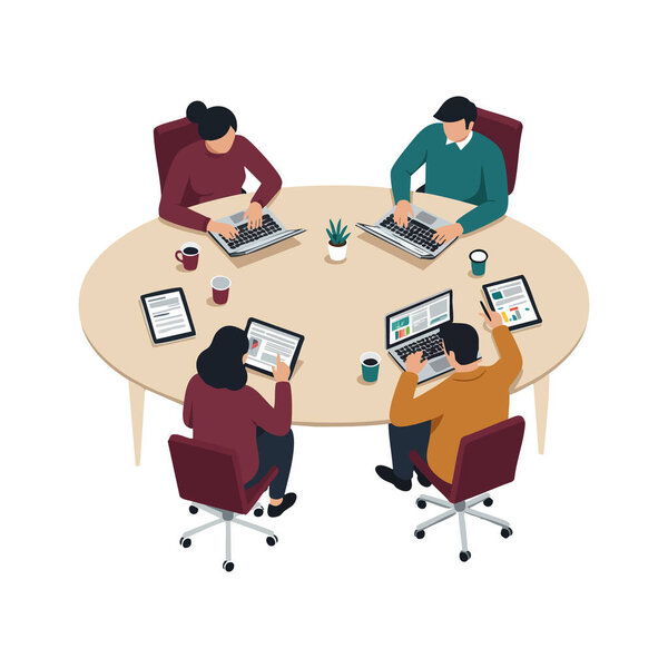 Ilustración Muestra Cuatro Individuos Colaborando Una Mesa Redonda Usando Computadoras — Vector de stock