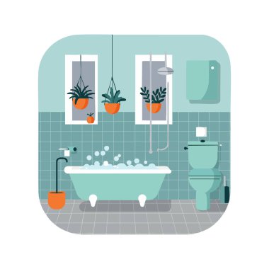 Resimlerde mavi fayanslı modern bir banyo, kabarcıklı bir küvet, sallanan portakal saksıları ve bir tuvalet görülüyor. Sakin ve rahat.