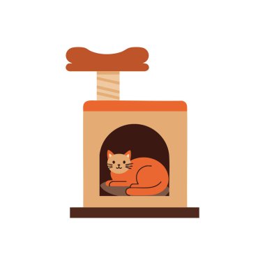 Resim, bej bir kedi ağacının içinde dinlenen turuncu bir kedi gösteriyor. Kemik şeklinde doğal renklerde, rahat ve sakin bir ruh hali içinde..