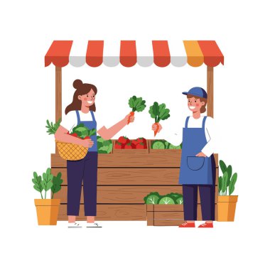 Resimler çiftçi pazarında iki kişinin taze sebzelerle, havuç, marul ve domateslerle gün ışığında neşeli bir şekilde durduğunu gösteriyor..
