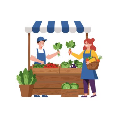 Resimlerde bir satıcı ve bir kadının markette taze sebzeleri değiş tokuş edip, dostça ve sağlıklı bir ortam yarattıkları görülüyor. Neşeli ruh hali.