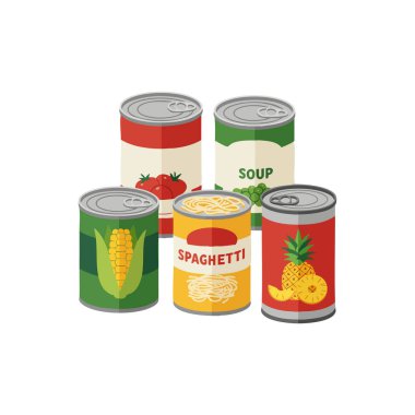 Vektör illüstrasyonunda domates, mısır, ananas, spagetti ve bezelye çorbası gibi parlak renklerde beş konserve yiyecek gösteriliyor. Neşeli ruh hali.