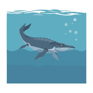 Mosasaurus, okyanusun altında yüzer. Yüzeye kabarcıklar yükselir. Tarih öncesi deniz sürüngeninin sakin bir ruh hali içinde olduğunu gösterir..