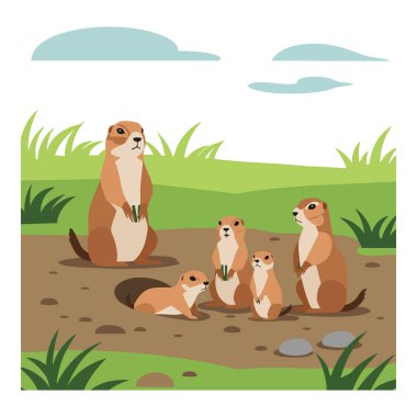 Vector illustration shows a family of prairie dogs in a grassy area with clouds overhead, portraying a calm natural scene. Peaceful mood.